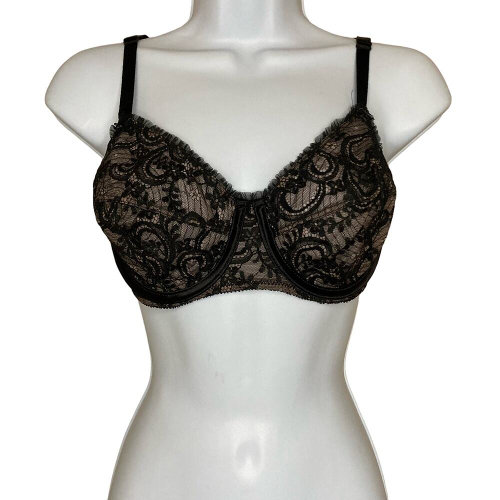 Victorias Secret 34D Vintage Unlined Floral Lace Balconette Bra Ruffle Mesh Trim